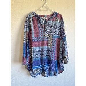 Kim Rogers Women's Pink Blue Patchwork V Neck Blouse Long Sleeve XL